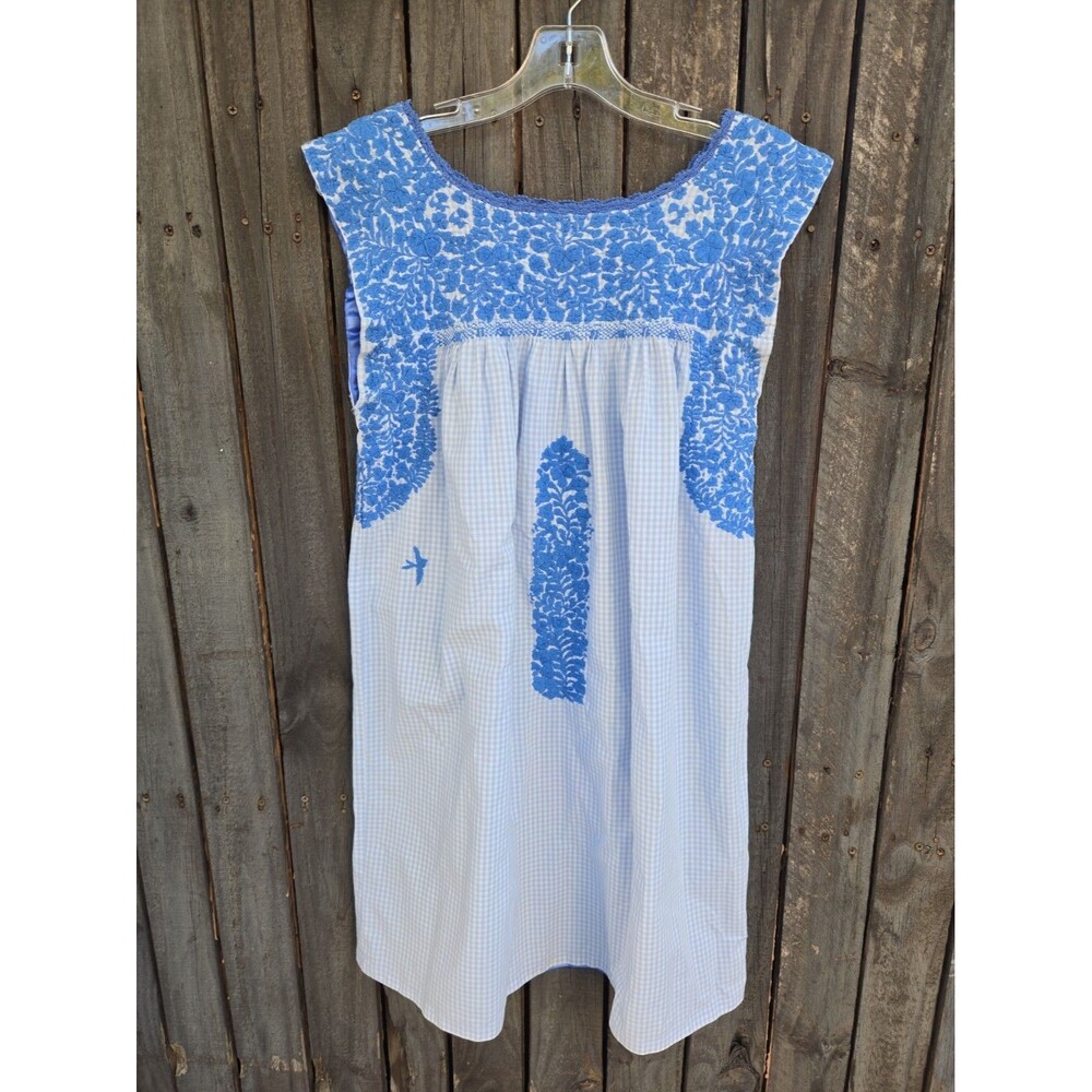 Mi Golondrina Flores Dress White Blue Hand Embroidered Size S